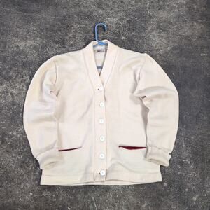 Vintage 50s Dehen Cardigan Sweater Size 40 Ivory Maroon Blank Letterman Wool
